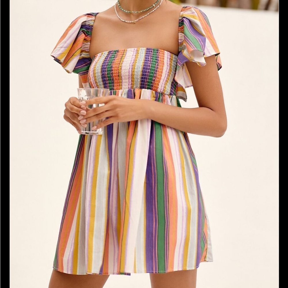 ANTHROPOLOGIE Striped Ruffle Sleeve Open Back Dress Bow Mini Orange Sz S NEW